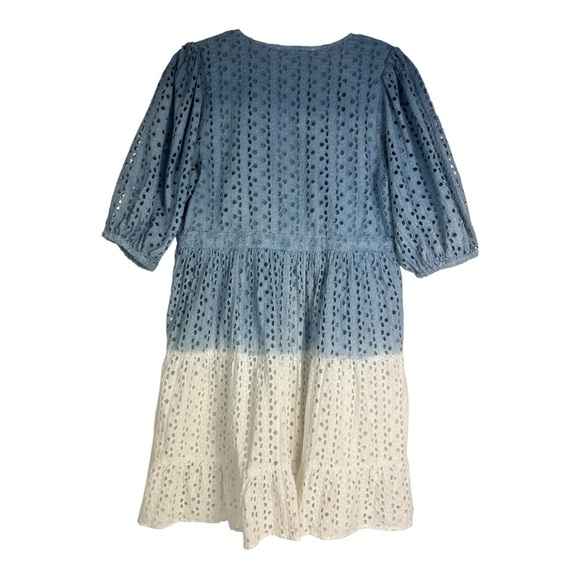 Super Natural Sz L Tiered Eyelet Dress V Neck Blue Ombre V Neck Puff Sleeves - Picture 2 of 13